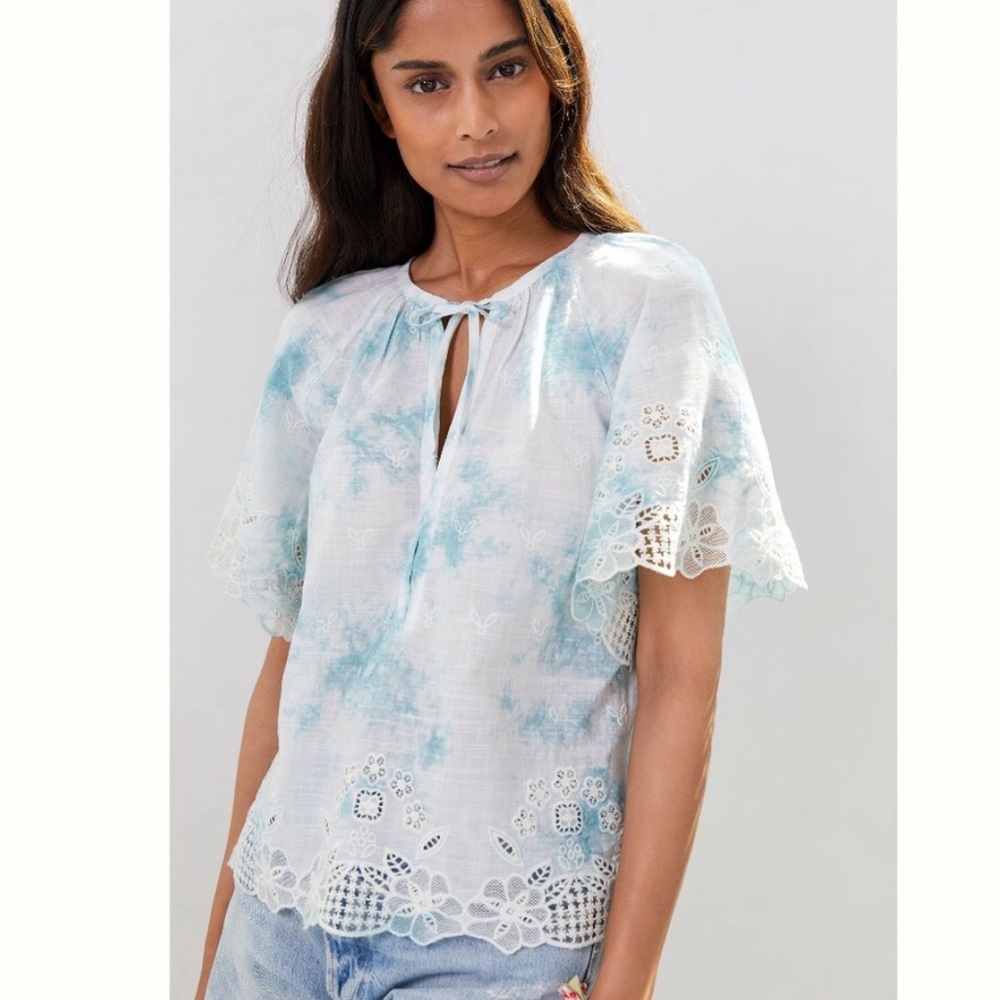 Anthropologie M Tie Dye Cotton Blouse with Lace Trim and Embroidered Details